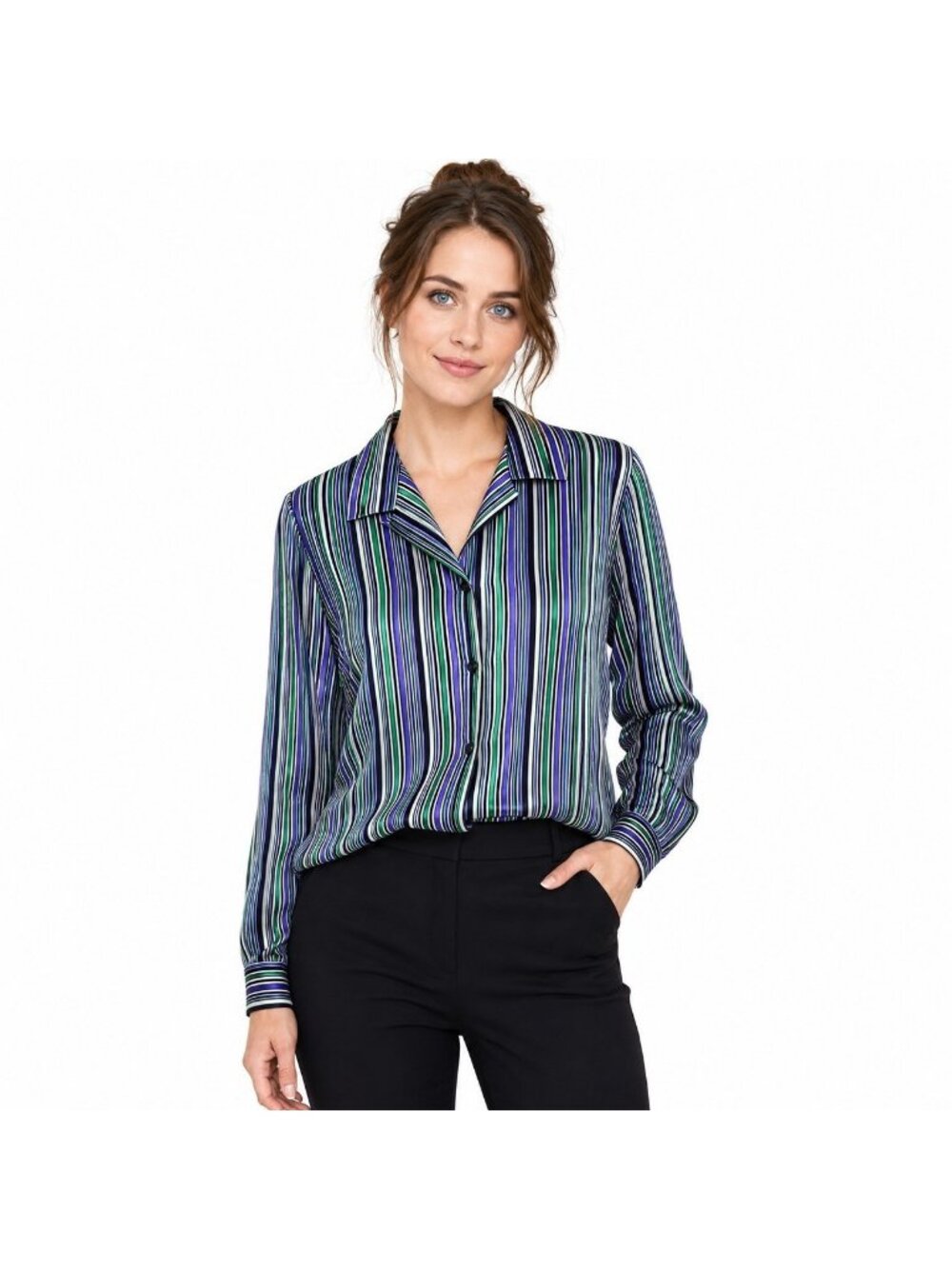 Vintage Leslie Fay  Petite Size 10 Striped Button Front Blouse Statin Purple